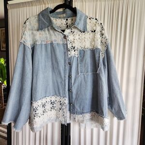 POL Light Blue Denim Jacket with White Crochet Trim